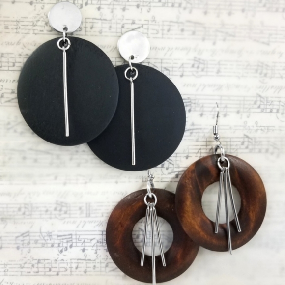 TWO Pair of Boho Wood Earrings - Picture 2 of 4